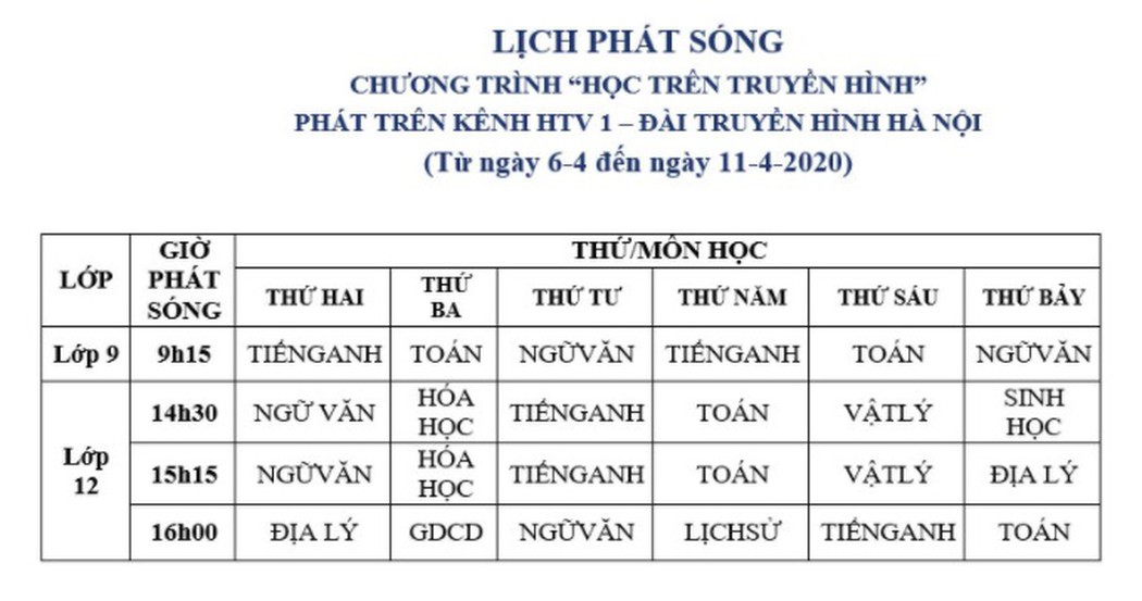 Lịch phát sóng học trên truyền hình từ ngày 06/04 đến ngày 11/4/2020